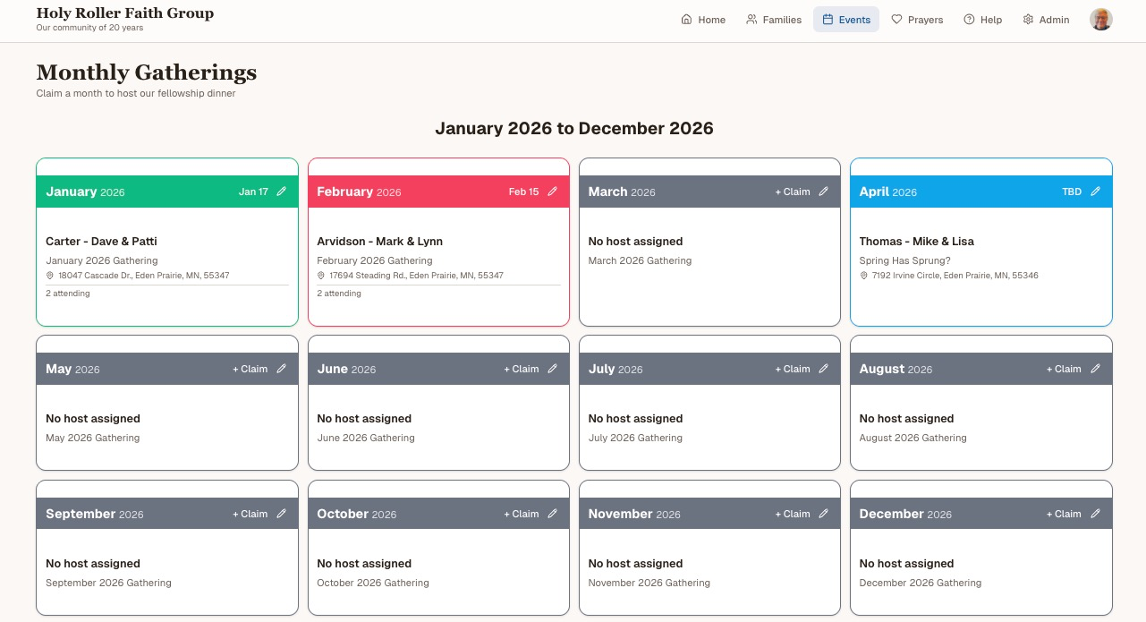 Monthly gatherings calendar